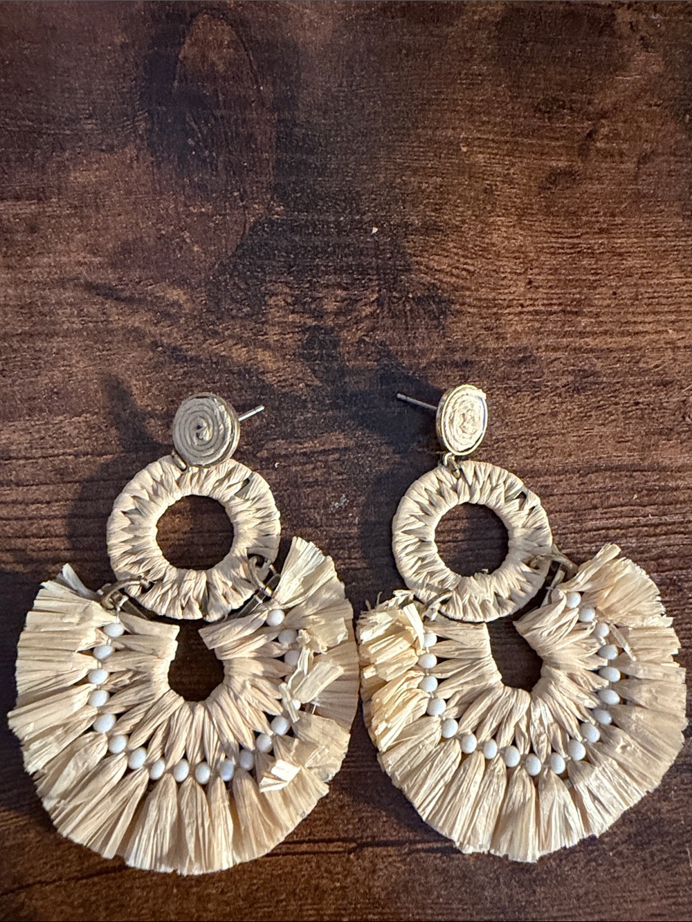 Neutral Raffia Fringe Hoop Earrings - Boho Chic